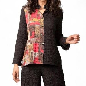 Habitat Flounce Collar Button Down Shirt Jacket Black Garnet Abstract Sz M